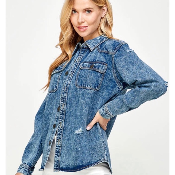 Butterfly Faith Cross Floral Embroidered Light Denim Distressed Shirt - Picture 6 of 6